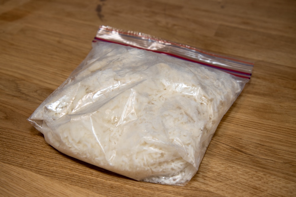 A bag of frozen white rice