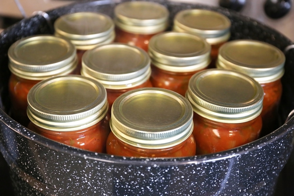 Jars of Homemade Salsa Cooling after Boiling in Pot